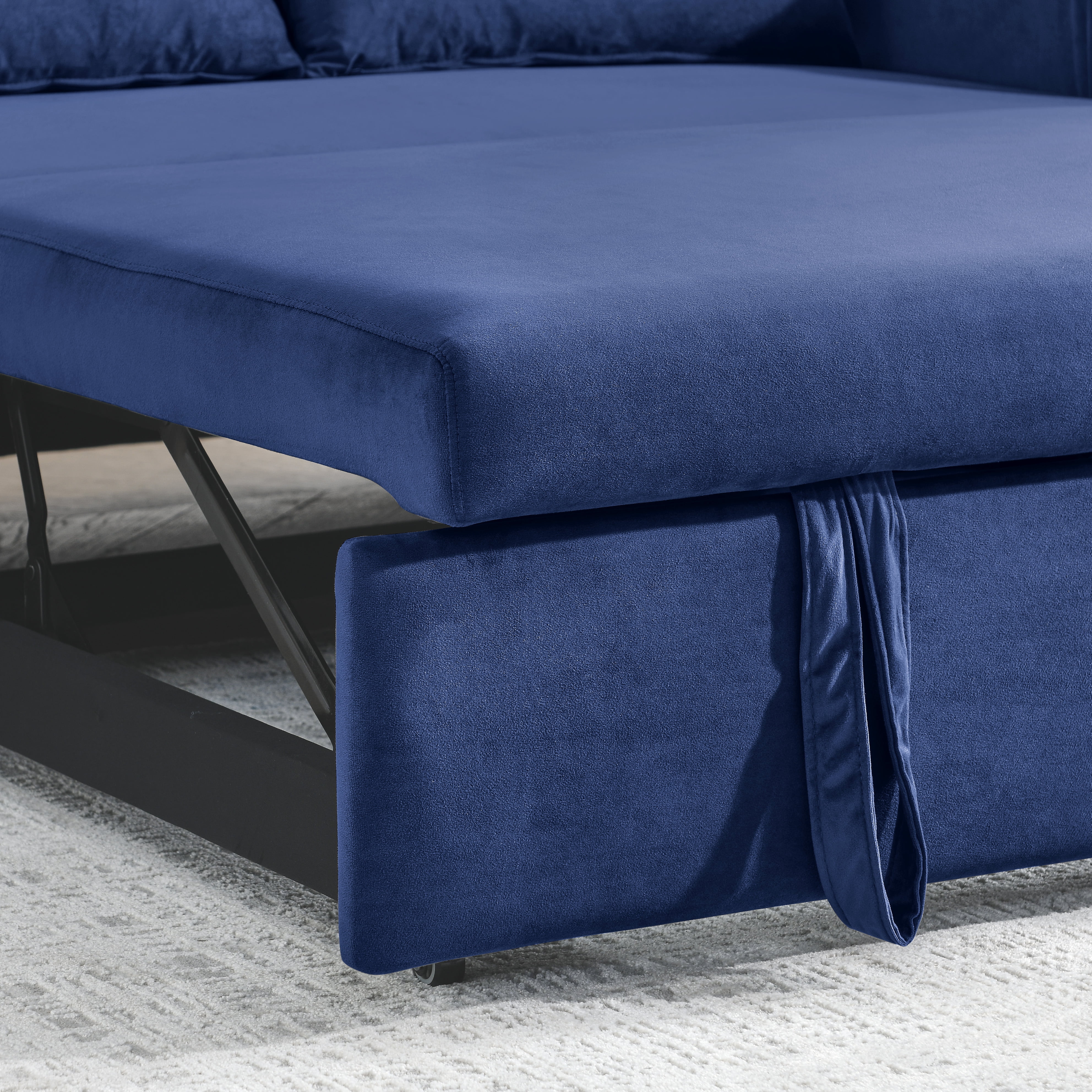 DEALTOPS 55" Modern Velvet Pull Out Sofa Bed Loveseat Lounge Chaise,Sleeper Sofa Bed with Adjustable Backrest 2 Detachable Arm Pockets - Blue
