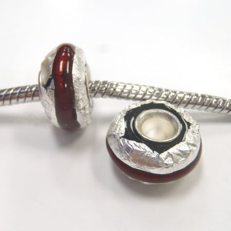 - 1 Bead - Red Silver Foil Bumpy Lampwork Glass Brass Core Silver European Bead Charm E1025