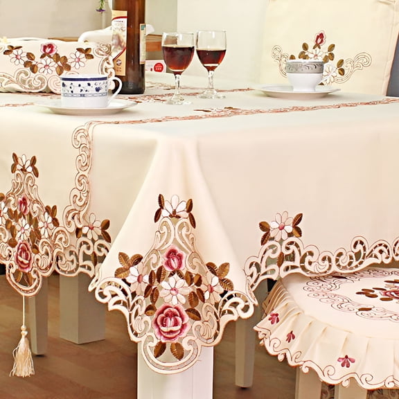 AUQ Tablecloth Rectangle/Square Pastoral Embroidered Polyester Floral Cutwork Table Linen for Wedding Wrinkle Free Table Cloth Elegant Lace Table Cover for Dining Table,Wedding,Holidays