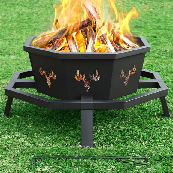 BOINN 35 Inch Fire Pit, Wood Burning Fire Pit for Outside, Heavy Duty Octagonal Firepit with Poker for Camping Backyard Patio Black