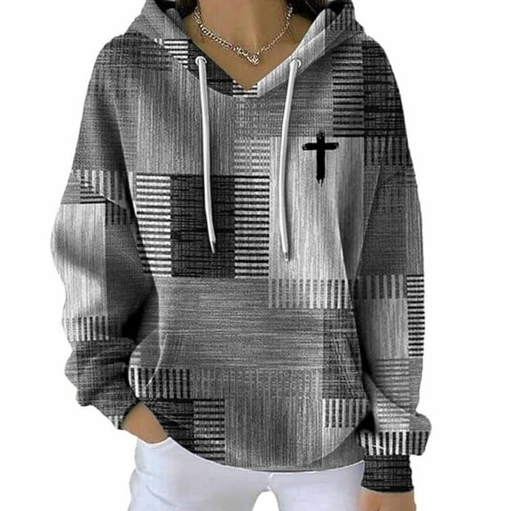 SwiftWear Women's Checkered Cross Hooded Sweatshirt Fashion Graphic Pullover Hoodie with Stretch Comfort, Casual Long Sleeve Top for Streetwear Style Gray
