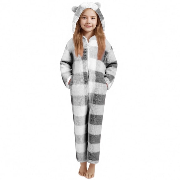 Kids Plaid Fleece Onesie Sleepwear Boys Girls Fuzzy Cute Ear Hooded Jumpsuit Full Zip Warm Winter Sleepwear with Pockets 5-15Y