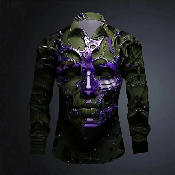Camiseta con botones y diseño de diseñador de moda suave cómoda y moderna con diseño de máscara dorada máscara morada y máscara negra patrón HD