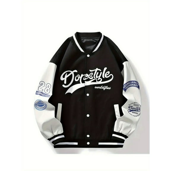 Letter Print Varsity Jacket, Men's Casual Color Block Button Up Jacket For Spring Fall School Baseball