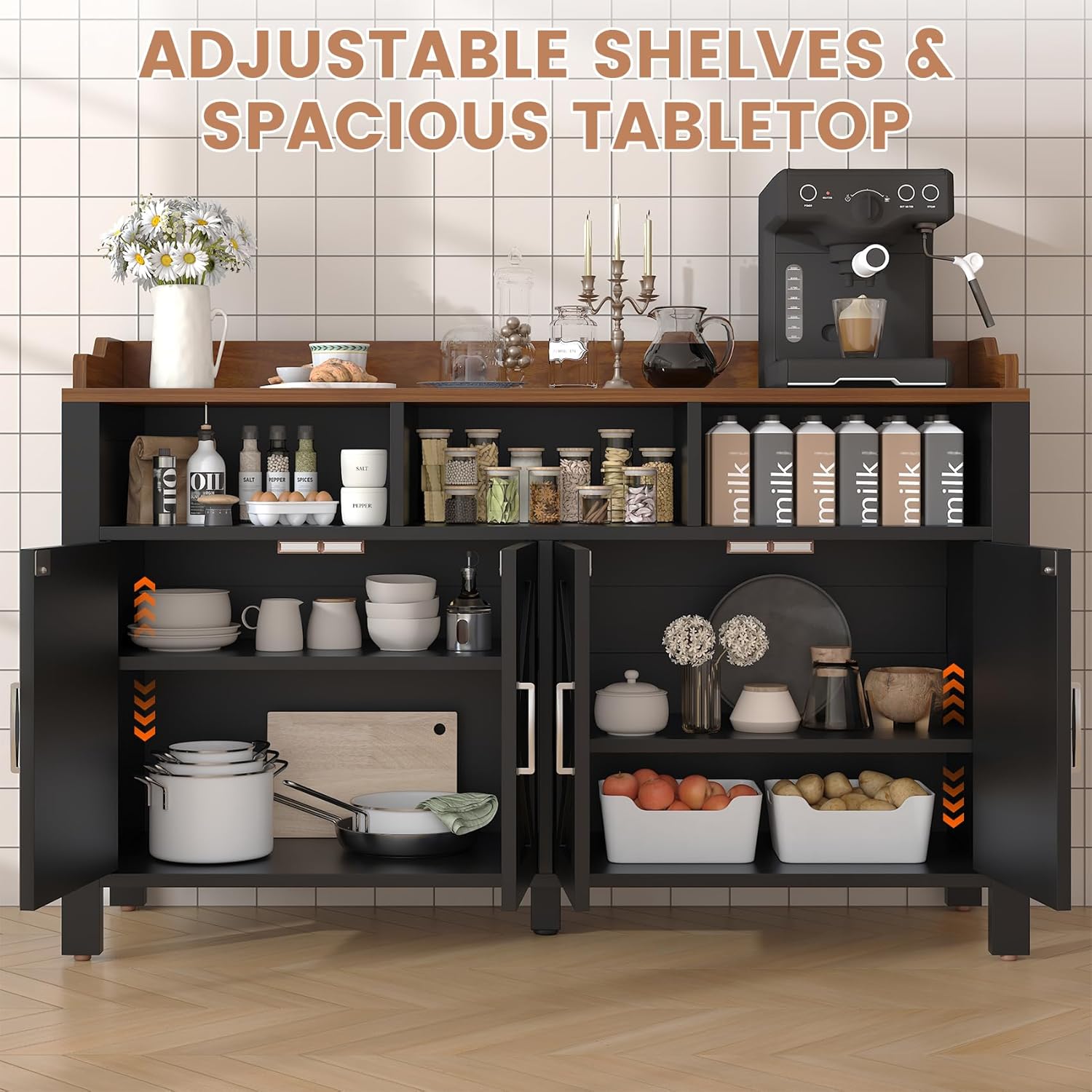 HAUXITIO 55" Farmhouse Buffet Cabinet with 4 Doors & Open Shelves,Kitchen Storage Sideboard for Dining Room & Living Room,Black