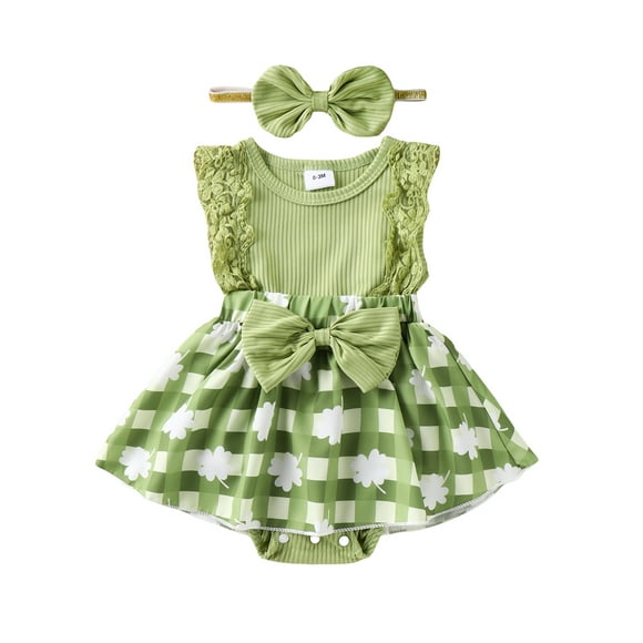 Boiiwant Infant Girl Romper Dress Newborn Irish Festival Bodysuits Sleeveless Four Leaf Clover Plaid Print Lace Trim Skirt Hem Jumpsuit with Headband Baby Summer Clothes