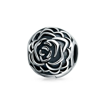 - Rose Bloom Floral Barrel Spacer Stopper Bead Charm For Women Oxidized Sterling Silver Snap Clasp Fits European Bracelet