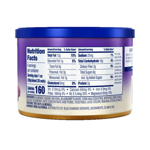 Blue Diamond, Blueberry Flavored Roasted Almonds, Crunchy, 6oz Shelf Stable Aluminum Can