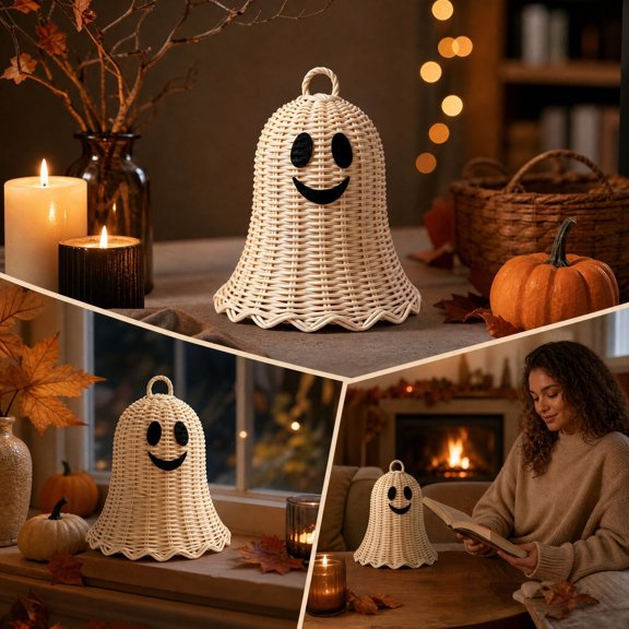 YuanGuangQ Halloween Ghost Rattan Ornament, Cute Smiling Ghost Figurine for Tabletop Display, Wall Hanging Decoration for Boho Home Party Mantel Shelf Spooky Seasonal Decor