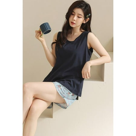

QWZNDZGR Summer 4XL Sleeveless Pajamas For Women Kawaii Girl Sleepwear Cartoon Print Pajama Sets Pyjamas Black Sleepwear Homewear Fashion