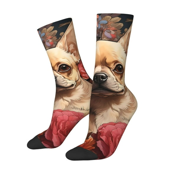 Logiee Vintage Red Flower Chihuahua Print Adult Socks for Men & Women,Calf Socks, Ankle Socks,Boots Socks,Breathable Casual Sock,Unisex Crew Socks