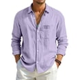 thumbnail image 2 of Fabrcox S-4XL Men Linen Button Down Shirts Roll Up Collared Men Shirts Long Sleeve Sun Protection Vacation Travel Summer Men Beach Shirts with Pocket Purple 4XL, 2 of 8
