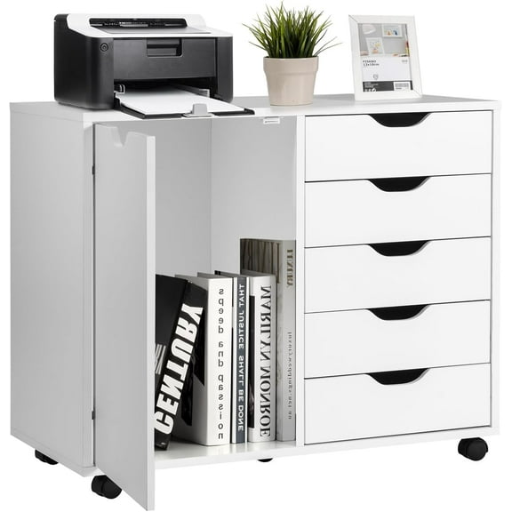 5 Drawers File Storage Cabinet, 26.5" Vertical Filling Cabinet for Home Office, Under Desk Office Drawer Organizer, Universal & Lockable Casters, Rolling Printer Storage Rack (Black)