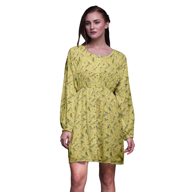 Bimba Robe Midi à Manches Longues pour Femmes, Coupe Décontractée, Imprimé Baies Jaunes et Bleues & Oiseau Flowerpecker, TTTG