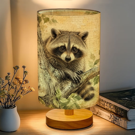 16-Color Dimmable Table Lamp for Bedroom, Realistic Watercolor Raccoon Resting Tree Branch Nightstand Lamp with Wood Base Fabric Shade, Gifts for Nursery Living Room Reading Room
