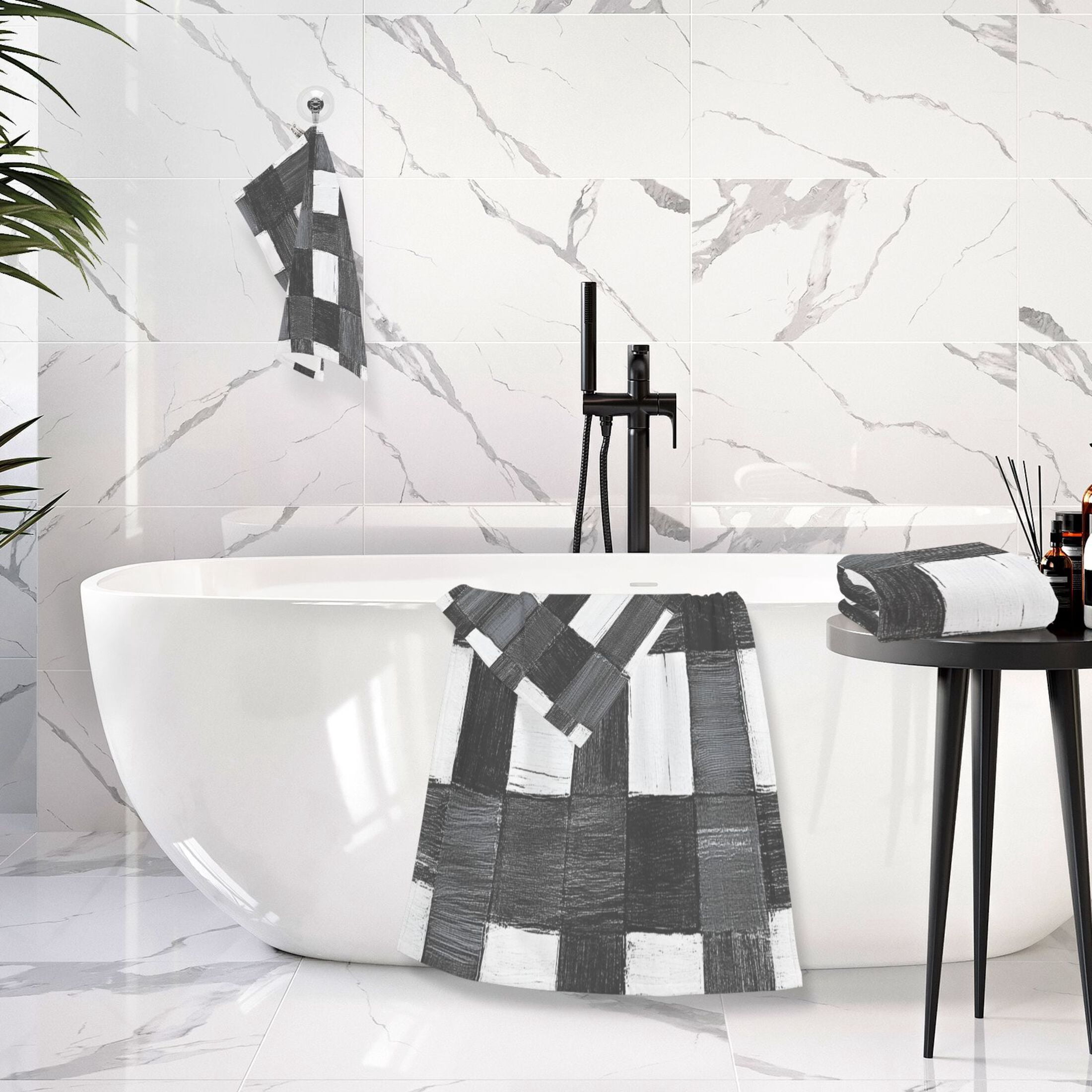 Abstract Black and White Stripe 2 Piece Cotton Bath and Face Towel Set Soft and Absorbent, for Beach Pool Bathroom
