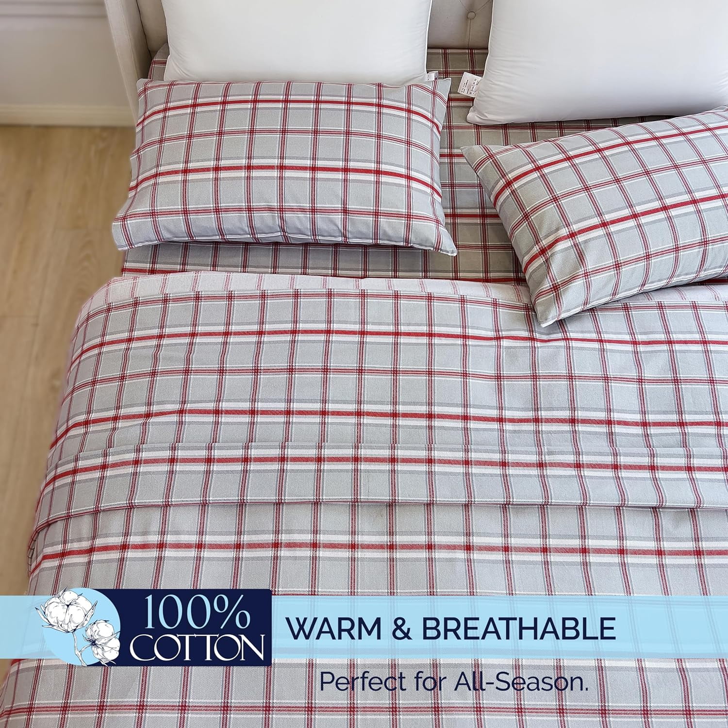 Elegant Comfort Soft 4-Piece Cotton Flannel Sheet Set -Deep Pocket Fitted Sheet, Flannel Sheets - Queen, Plaid Gray