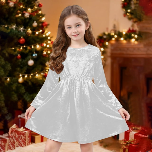 Cowsor Robe Métallique pour Filles Enfants à Manches Longues Scintillante Plissée Robes de Fête