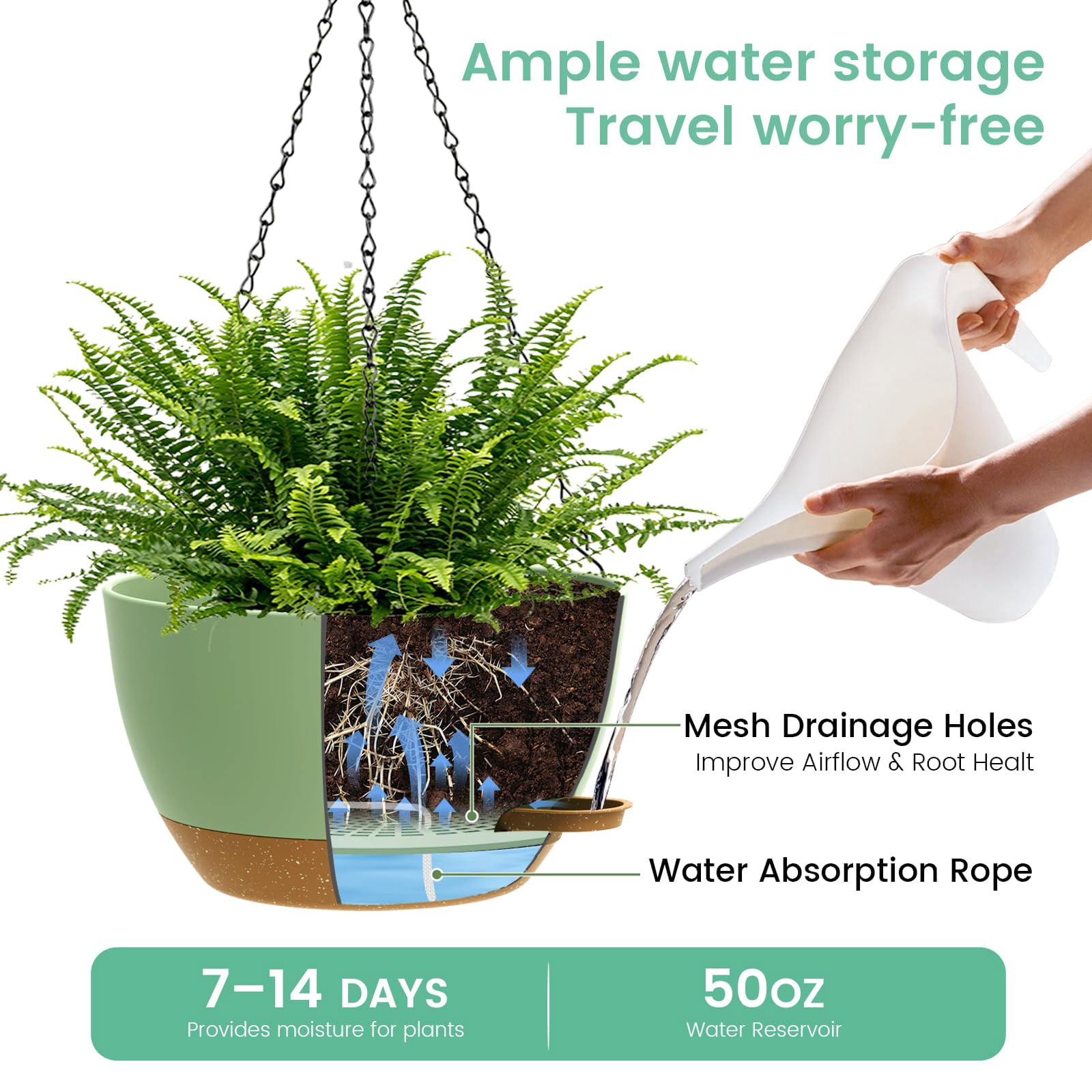 13 Inch 2 Pack Large Self Watering Hanging Planters For Indoor Outdoor Plants  Plant Pots With Removable 50 Oz Reservoir Plastic Basket Window Porch Garden Green Brown