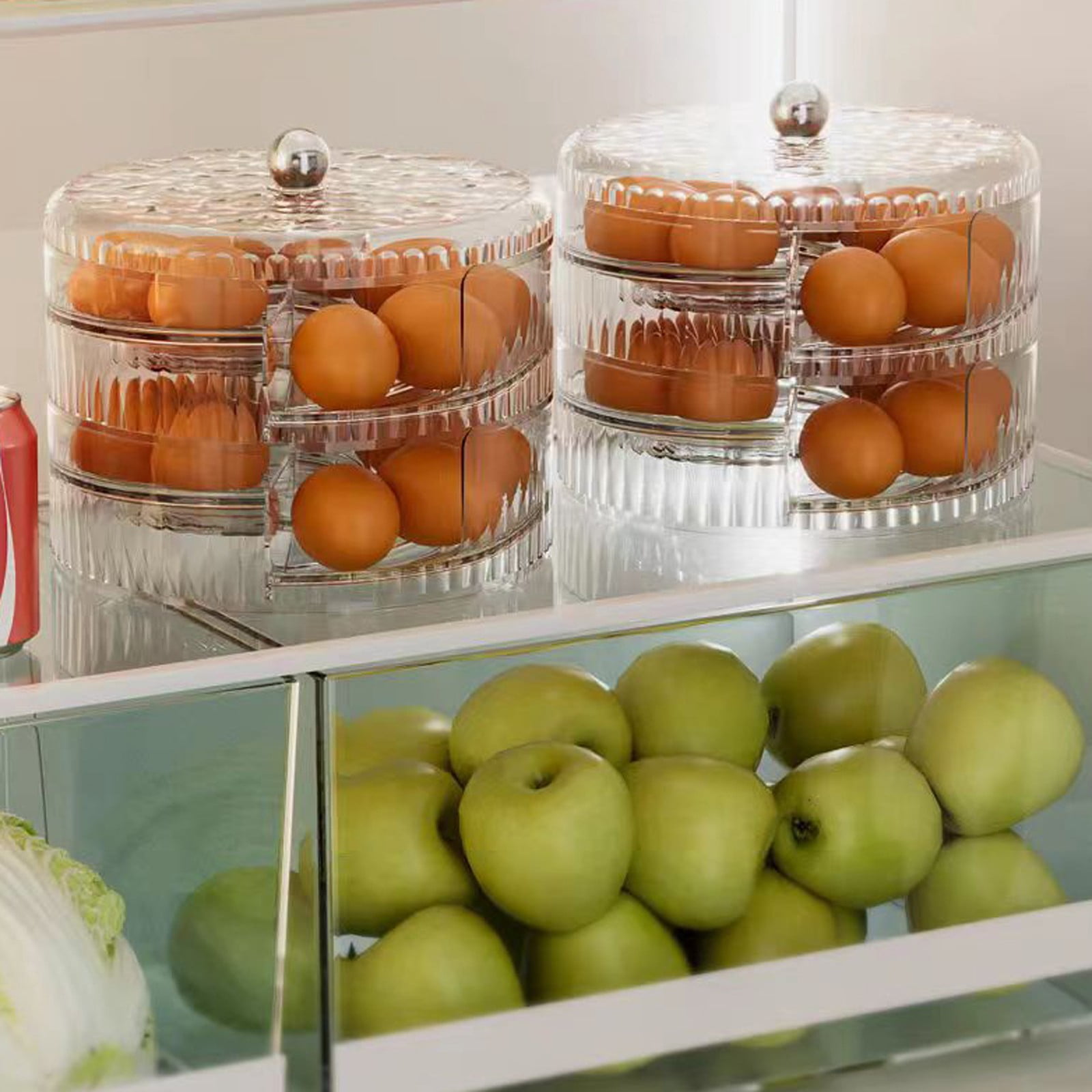 THHEIC Clear Plastic Automatic Rolling Egg Organizer and Dispenser with Sturdy Lid, Stackable Refrigerator Storage Bin for Space-Saving Kitchen Organization