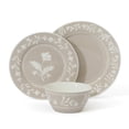 thumbnail image 2 of Martha Stewart Maiden Crown 12-Piece Taupe Dinnerware Set – Vegan Bone China Ceramic Plates & Bowls – Floral Design – Service for 4, 2 of 10