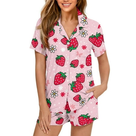 Yuyamidu Women Pajamas Set Notch Collar Soft Comfy Sleepwear Pink Strawberry Daisy Print Pjs 2 Piece Short Sleeve Button Down Nightwear with Short Pants Loungewear with Pockets Size M