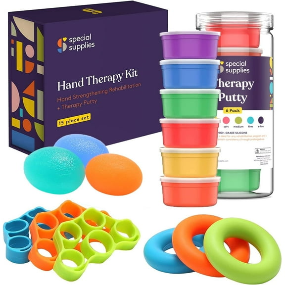 Special Supplies Physical Hand Therapy Putty Kit, Finger Exercisers, and Hand Strengtheners, 15 Set, Improve Grip Strength, Dexterity and Mobility, Supports Injury and Recovery Stress Relief