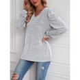 thumbnail image 3 of Camiseta de manga larga con cuello en V y mangas abullonadas para mujer - Gris claro XL, camiseta básica sencilla de color sólido para mujer, 3 of 6