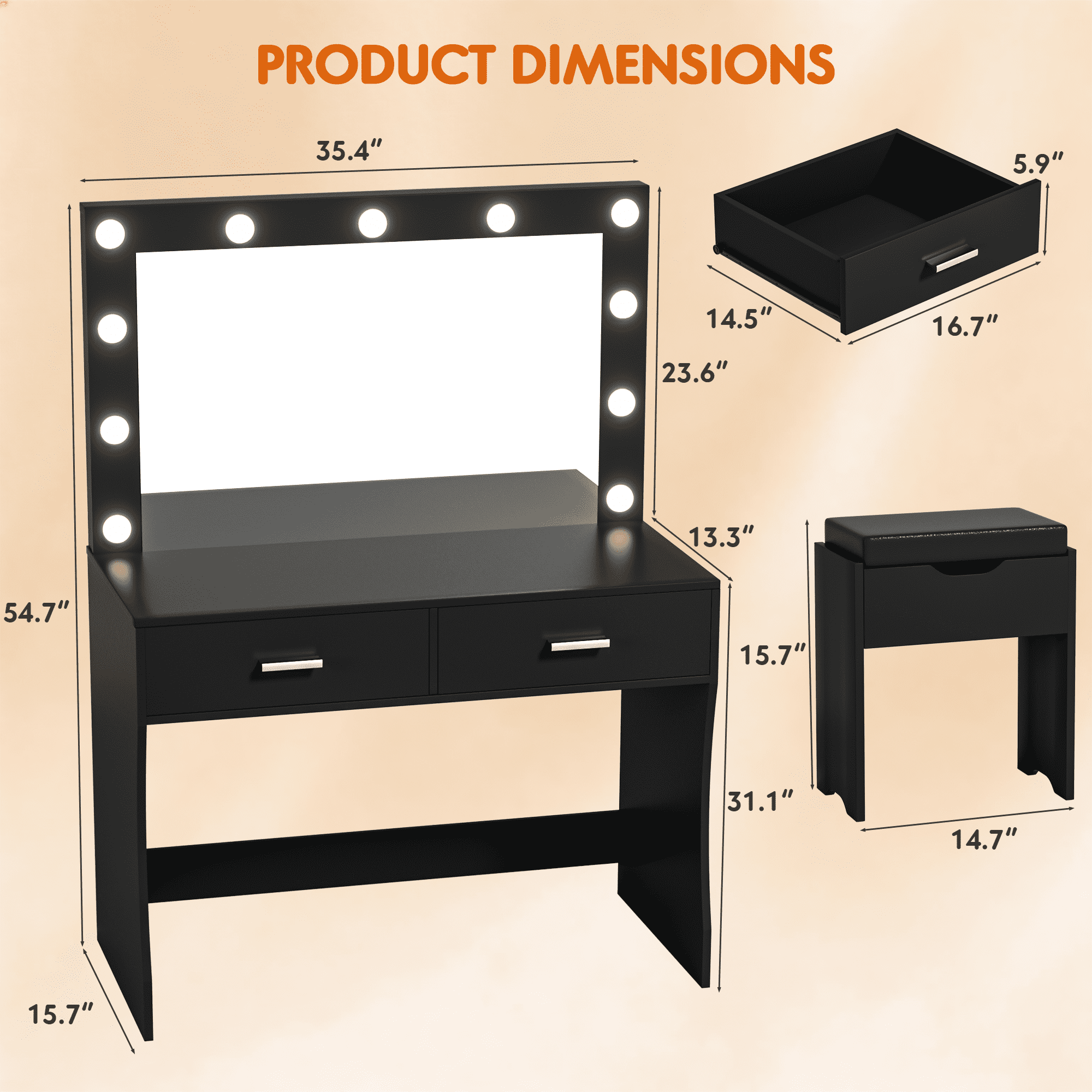 Furmax Makeup Vanity Table Set with Lights and Mirror Vanity Desk with Drawer and Chair, Black
