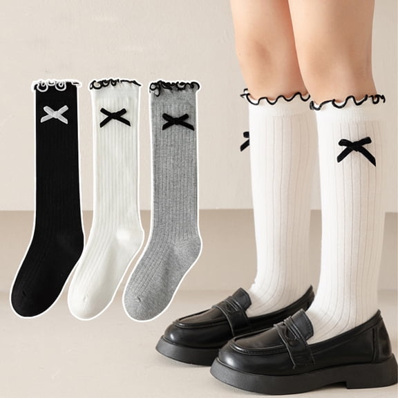 Girls Knee High Socks Ruffle Bow Cotton Socks for School*1pc