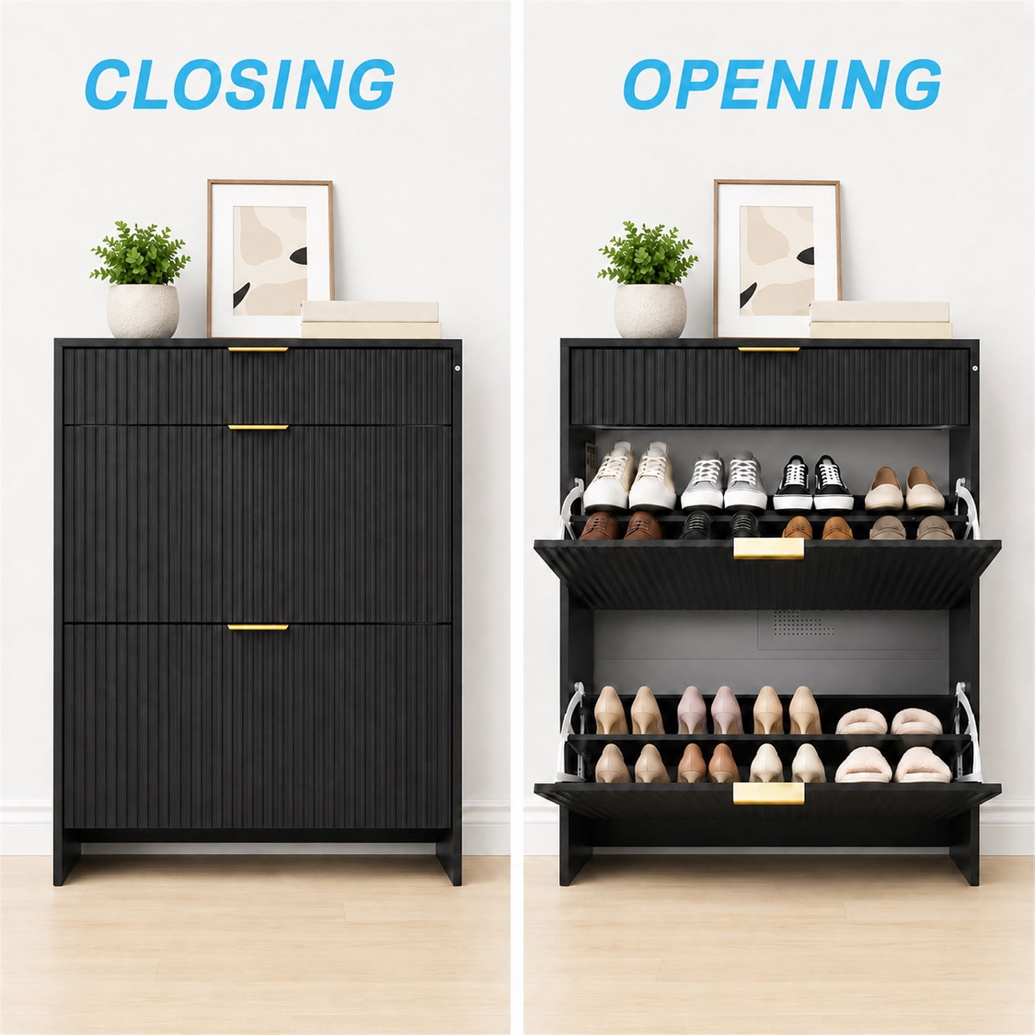 Hommoo Modern Narrow Fluted Shoe Storage Cabinet with Gold Pull Handles, Freestanding Slim Shoe Organizer for Entryway, Hallway or Bedroom Closet, Black