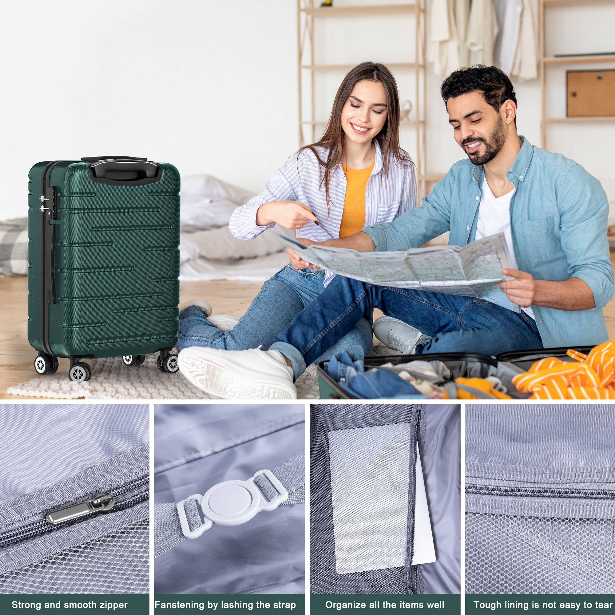 Sunbee CarryOn 3 Piece Luggage Sets, ABS Hardshell Suitcase with TSA Lock, Spinner Wheels, Dark Gree(图4)