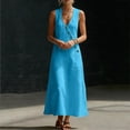 thumbnail image 4 of Summer Maxi Dresses for Womens Linen V Neck Sleeveless Beach Sundress Button Casual Loose Long Tank Dress with Pockets, 4 of 7