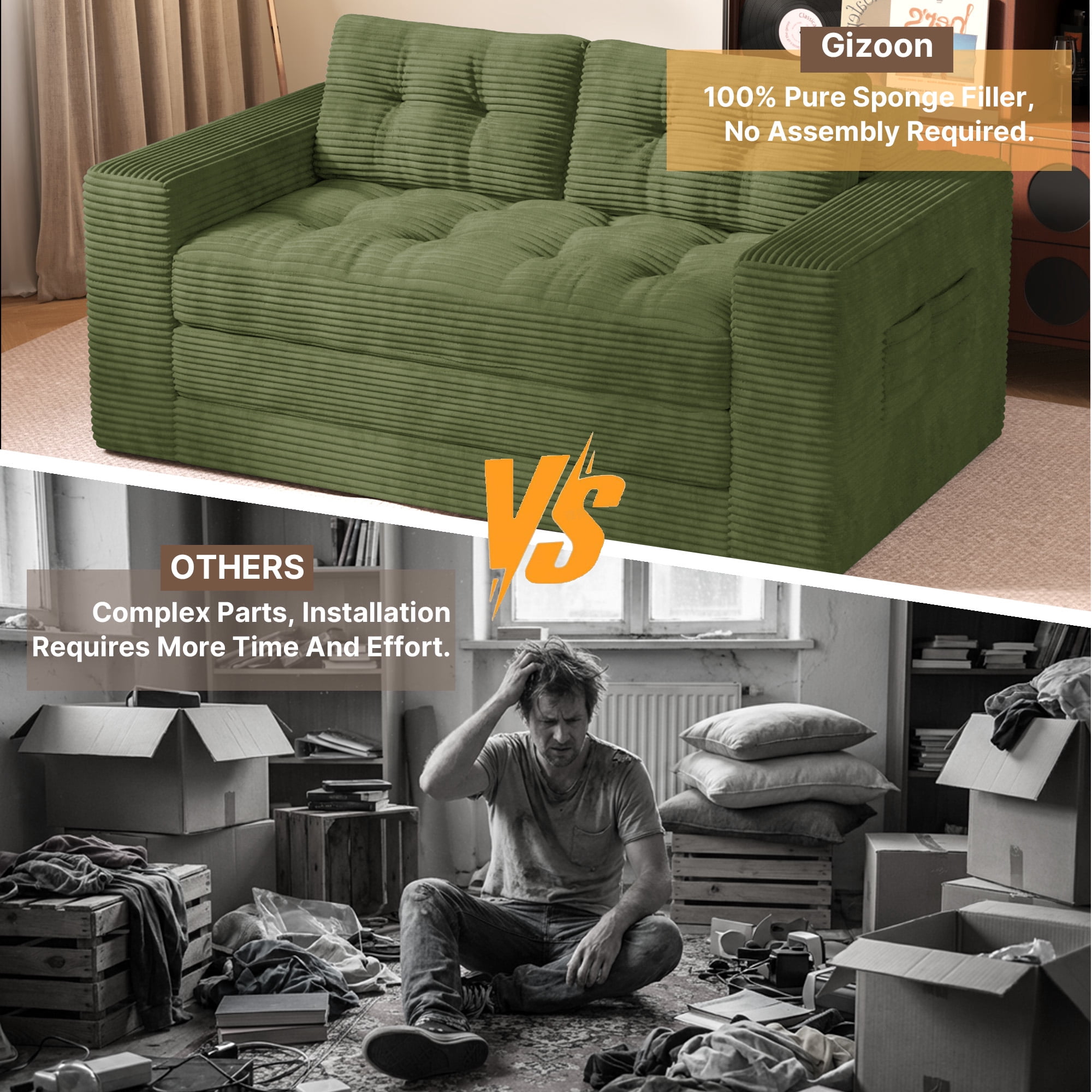 Boneless Convertible Floor Sofa Bed, Lofka 59" Folding Loveseat Couch for Small Spaces, Corduroy 2 Seater Lounge Sleeper with 2 Pillows & Pockets for Living Room, No Assembly, Green