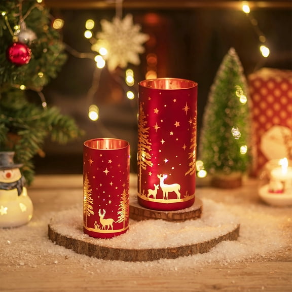 Glasseam Christmas Reindeer Hurricane Candles Holder Set of 2, Red Glass Cylinder Centerpieces for Winter Mantel Fireplace Living Room Decor