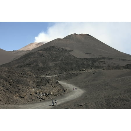 June 25 2011 - Hikers walking towards summit area of Mount Etna volcano Sicily Italy Poster (Best Walks In Sicily)