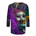 thumbnail image 5 of AGWOLF Mardi Gras Outfit for Women 3/4 Length Sleeve Mask Graphic Carnival Tee Blouses Fashion Round Neck Funny 3D Print Holiday Tops, 5 of 5