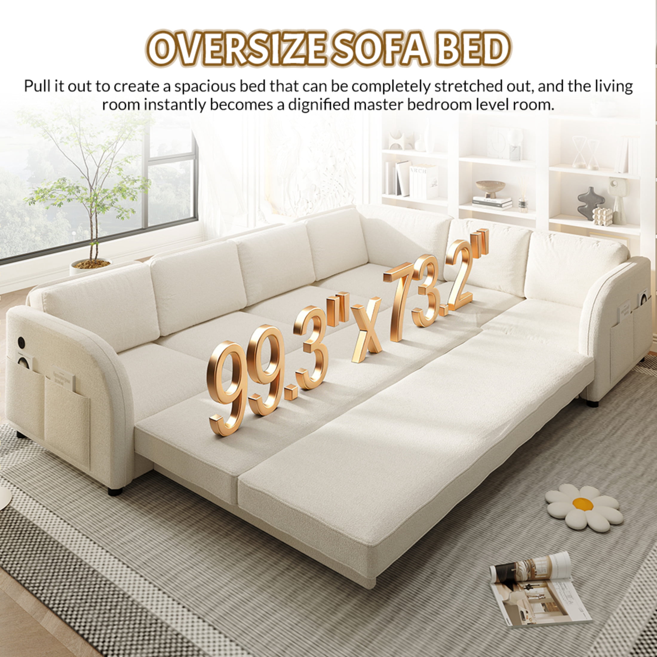 Noble House Bryan 115.2" L-Shaped Sherpa Fleece Convertible Sleeper Sectional with Charging Ports, Beige White