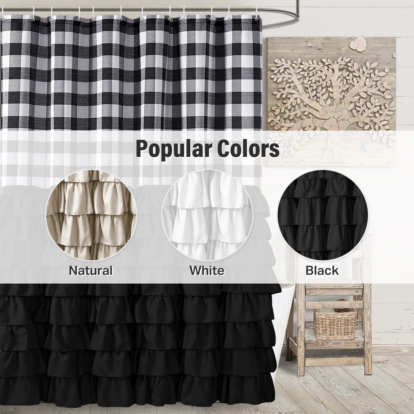 Farmhouse Shower Curtain Black and White Buffalo Plaid Pattern Fabric with Buttons & Black Ruffles 72"x72"