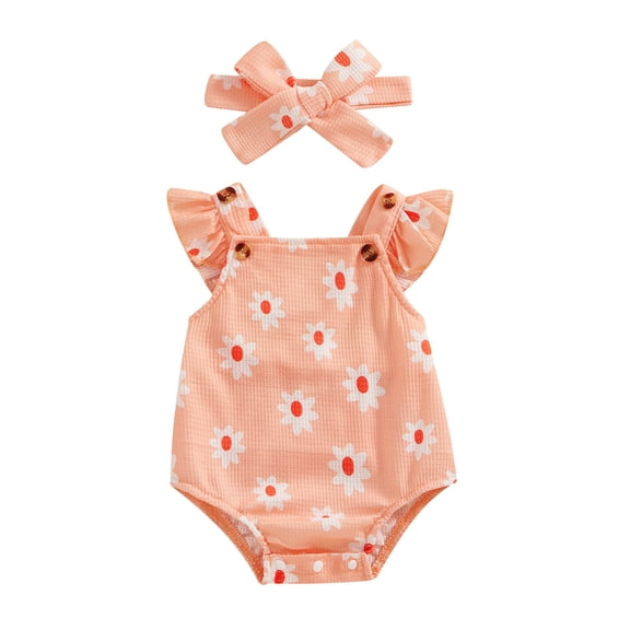 Bagilaanoe Newborn Baby Girl Summer Rompers Daisy Print Fly Sleeve Bodysuits Headband 3M 6M 12M 18M Infant One Piece Jumpsuit