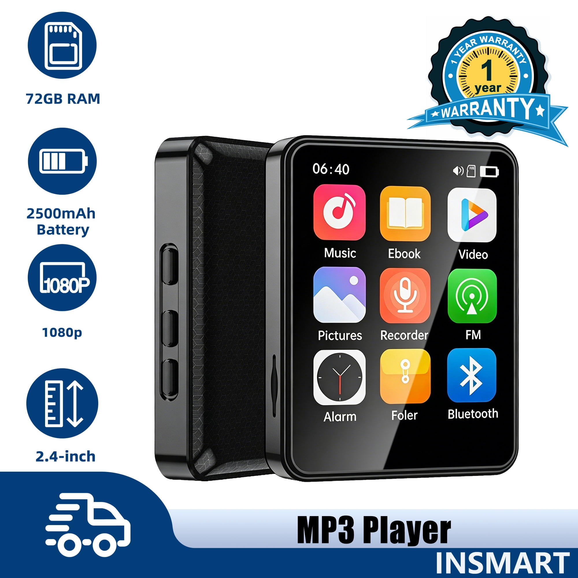 INSMART MP3 Player with Bluetooth, 72GB 2.4 inch Touch Screen Portable MP3 Player, Digital Music Audio Player with FM Radio, EBook, Recorder, Supports Multiple Audio Formats,SD Card