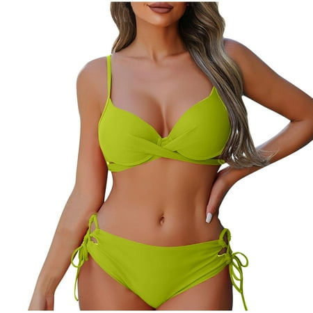 Hfyihgf Women s Cut Out Bikini Sets Two Piece Swimsuit High Cut Bathing Suit Twist Knot V Neck Swimwear(Yellow XL)