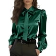 thumbnail image 2 of Dresfit Women's Dress Shirt Collared Polo Shirts with Bow Tie 2026 Long Sleeve Satin Office Tunic Spring Plus Size Loose Business Silk Blouses Army Green 2XL, 2 of 4