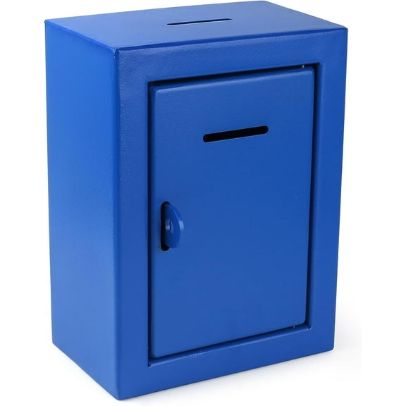 Metal Donation Box Charity Steel Collection ballot Box Office Suggestion Box Secure Box With Front and top Slot Easy Wall Mount with pre drilled holes 8.5x6.5x4" Drop Box for Home and OfficeBlue