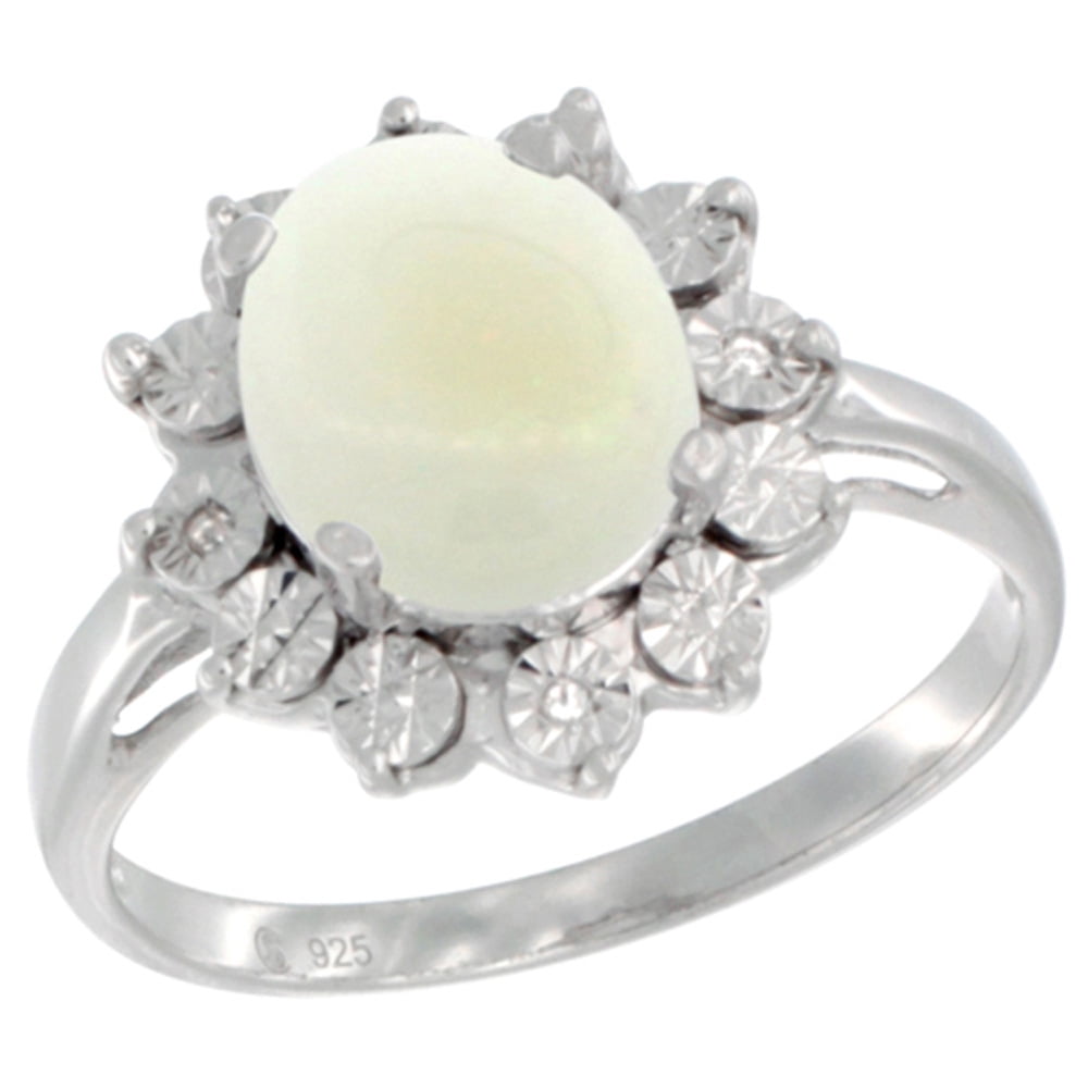 Sterling Silver Natural Opal Ring Oval 10x8, Diamond Accent, sizes 5 10 by WorldJewels