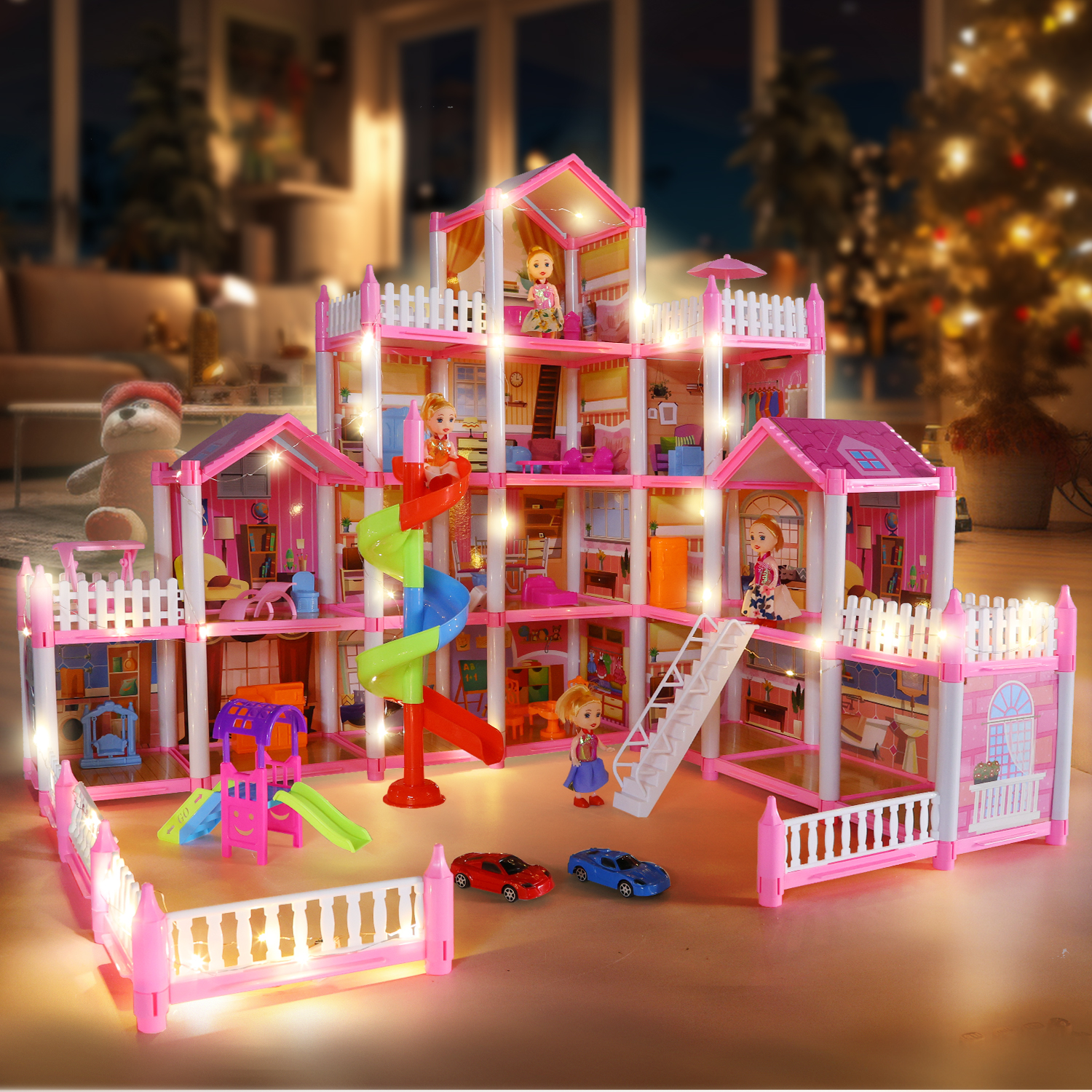 JoyStone Dream Dollhouse, 16 Rooms Playhouse with 4 Dolls Playset with Furniture&Light Strip& Rotating Slide, Gift Toy for Kids Ages 3-8 - image 2 of 9