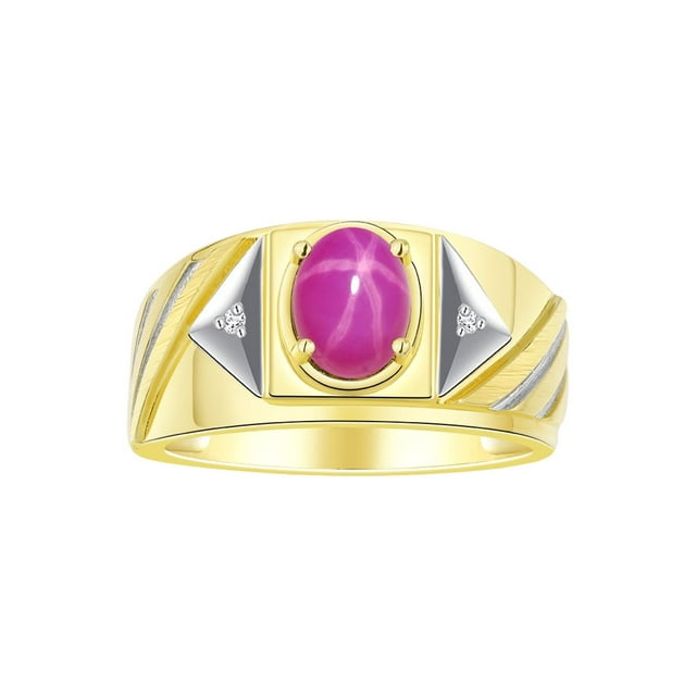 RYLOS Men's Rings 14K Yellow Gold Ring Classic Designer Style 8X6MM Oval Gemstone & Diamond Ring Star Ruby July Birthstone Rings For Men Size 13