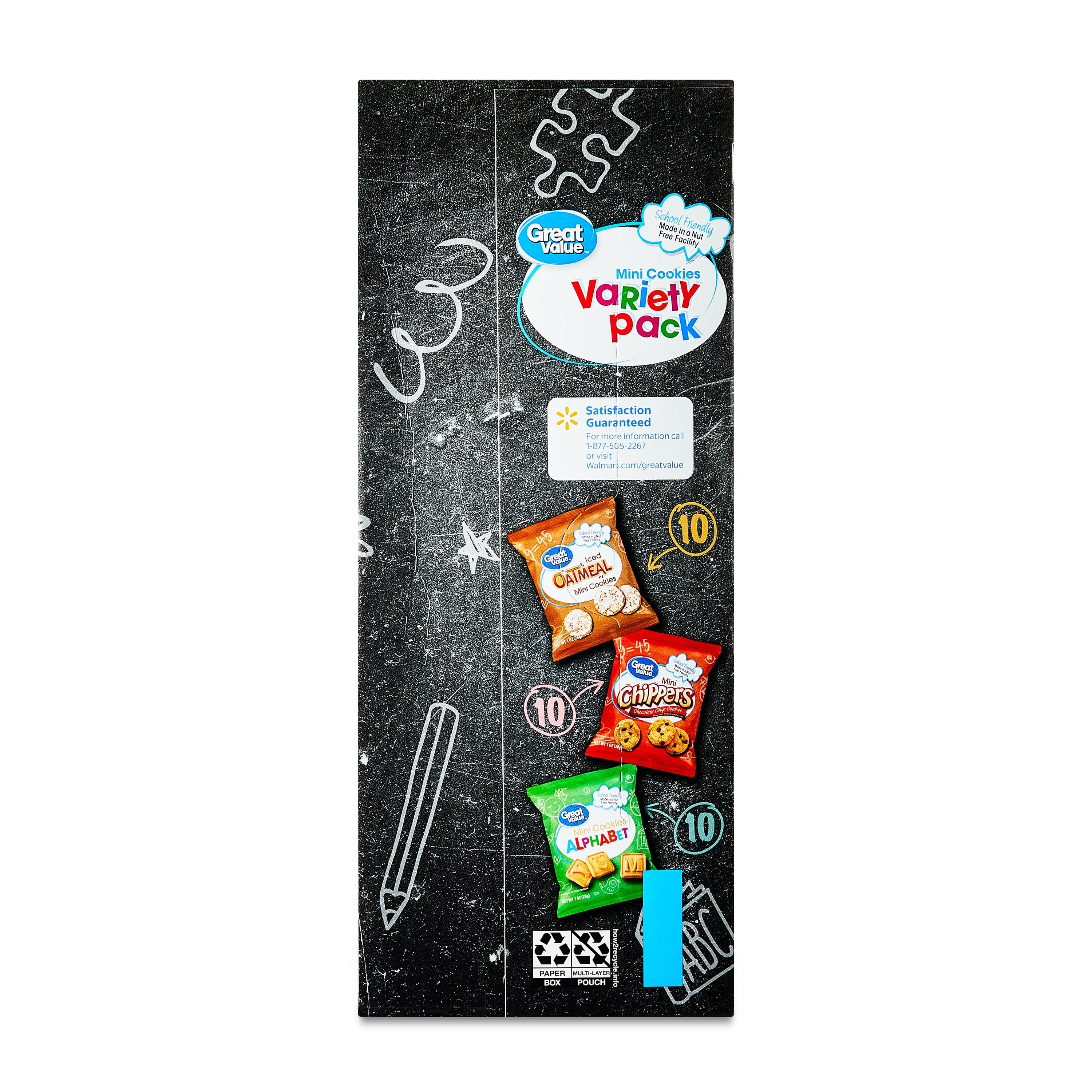 Great Value Mini Alphabet, Chippers & Oatmeal Cookies Variety Pack, 1 oz, 30 Snack Packs