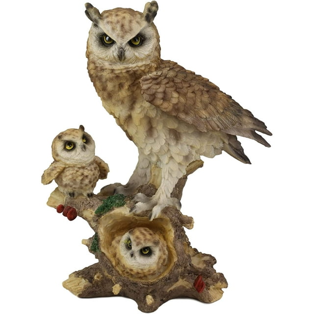 Ebros Brown Owl Perching On Tree Branch With Baby Owlets Statue 12"Tall