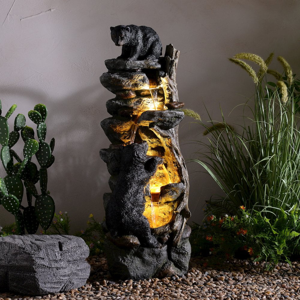 Hi-Line Gift Ltd 79764 37" H Bear Climbing Water Fountain Outdoor W/LEDs